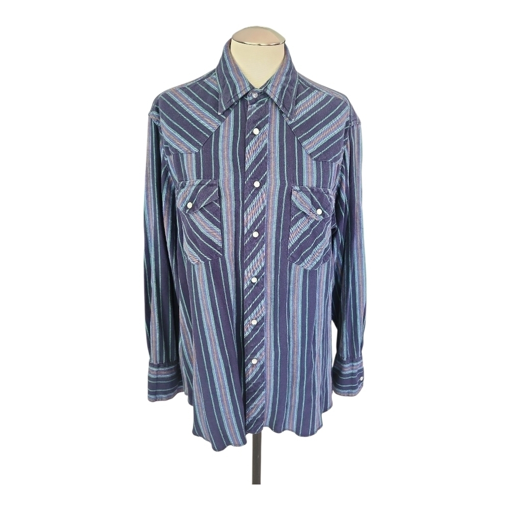 Wrangler Western Pearl Snap Shirt Blue Striped – Size Large - Picture 2 of 5